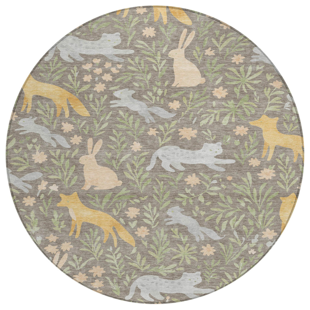 HomeRoots 8 Ft Round Botanical Forest Animals Polyester Washable Rug for Indoor Outdoor Use 728254