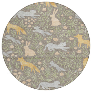 HomeRoots 8 Ft Round Botanical Forest Animals Polyester Washable Rug for Indoor Outdoor Use 728254