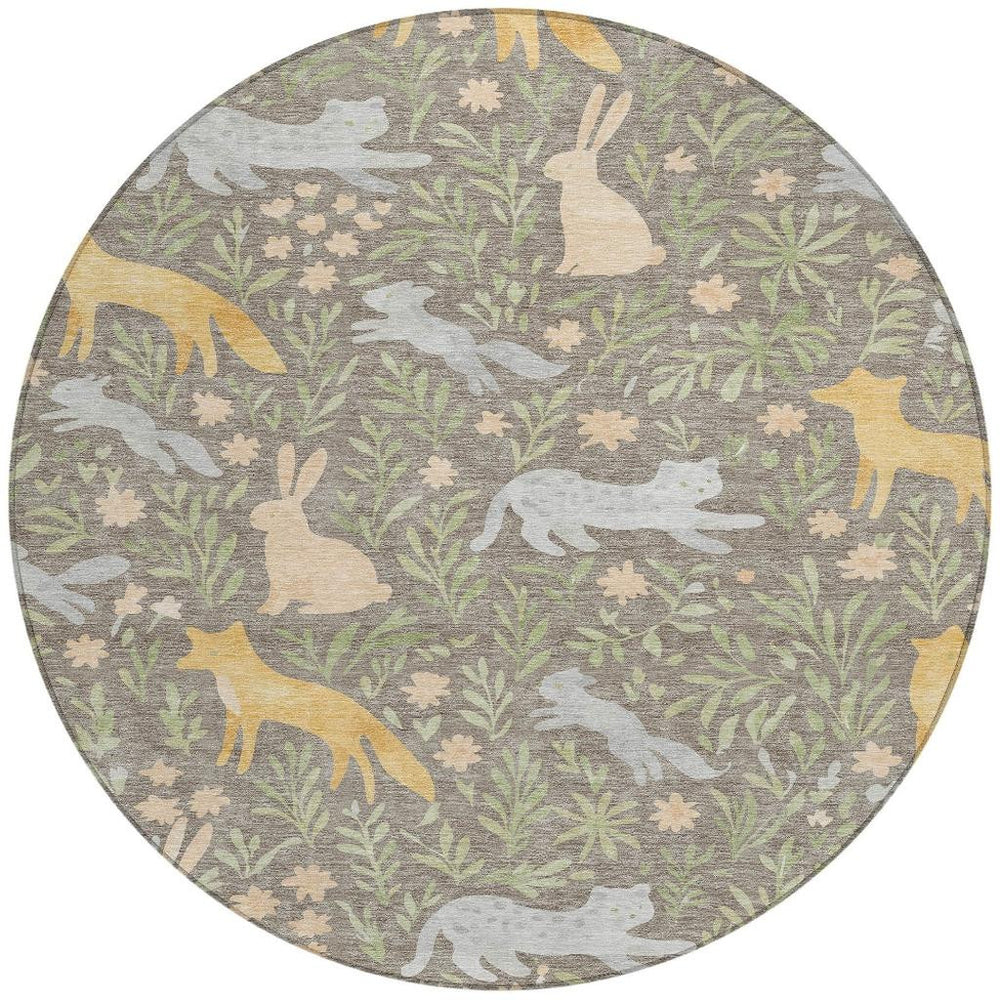 HomeRoots 8 Ft Round Botanical Forest Animals Polyester Washable Rug for Indoor Outdoor Use 728254