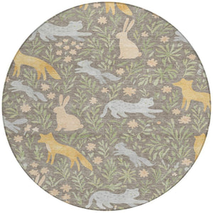 8 Ft Round Botanical Forest Animals Polyester Washable Rug for Indoor Outdoor Use