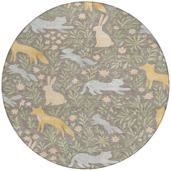 8 Ft Round Botanical Forest Animals Polyester Washable Rug for Indoor Outdoor Use