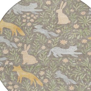 8 Ft Round Botanical Forest Animals Polyester Washable Rug for Indoor Outdoor Use