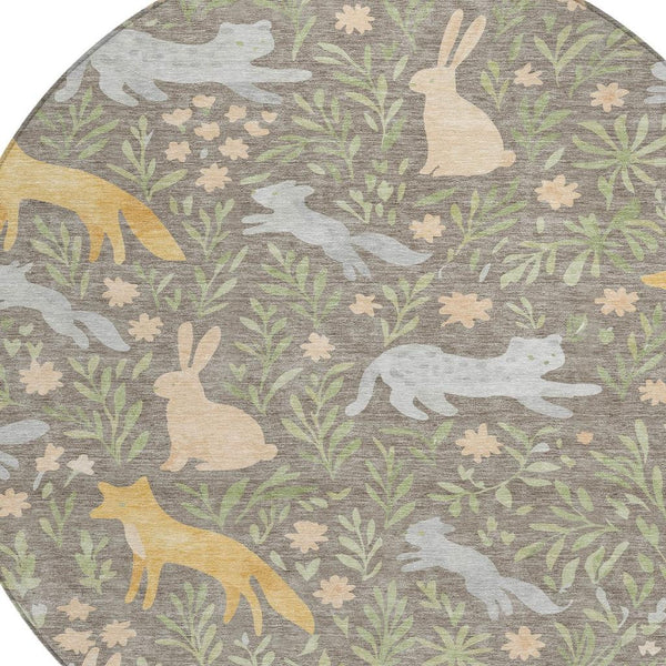 8 Ft Round Botanical Forest Animals Polyester Washable Rug for Indoor Outdoor Use
