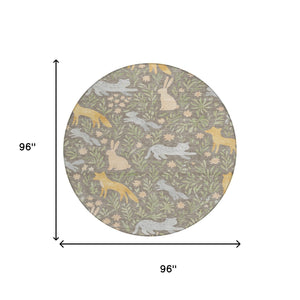 8 Ft Round Botanical Forest Animals Polyester Washable Rug for Indoor Outdoor Use