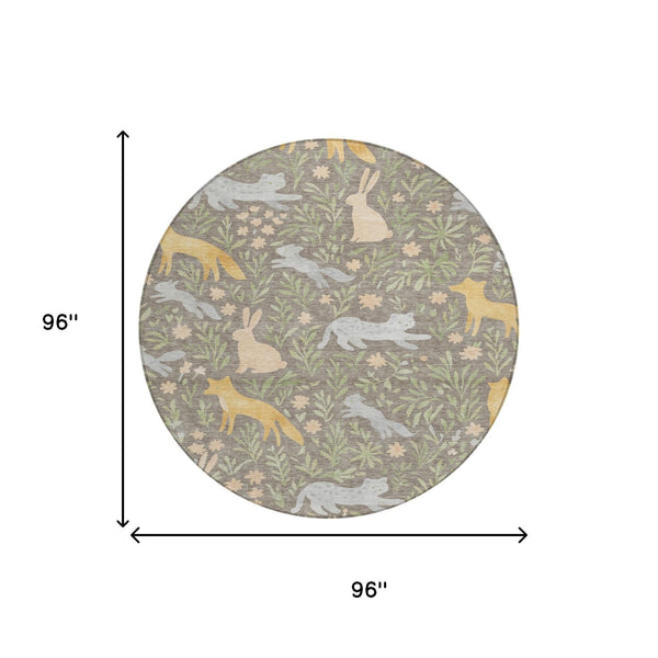 8 Ft Round Botanical Forest Animals Polyester Washable Rug for Indoor Outdoor Use