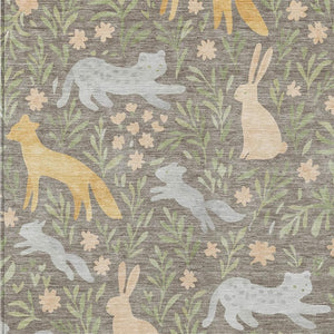 Washable Polyester Area Rug with Forest Animals and Botanical Leaves for Indoor Outdoor Use