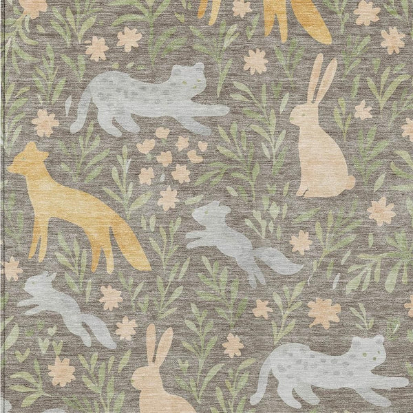 Washable Polyester Area Rug with Forest Animals and Botanical Leaves for Indoor Outdoor Use