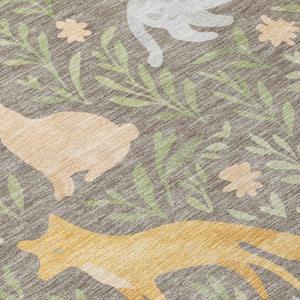 Washable Polyester Area Rug with Forest Animals and Botanical Leaves for Indoor Outdoor Use