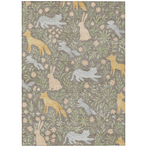 Washable Polyester Area Rug with Forest Animals and Botanical Leaves for Indoor Outdoor Use