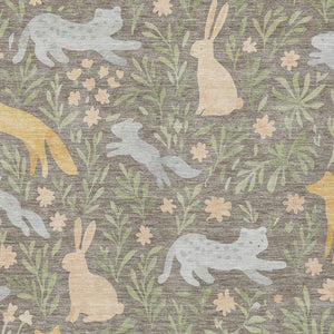Washable Polyester Area Rug with Forest Animals and Botanical Leaves for Indoor Outdoor Use