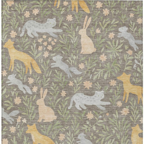 Washable Polyester Area Rug with Forest Animals and Botanical Leaves for Indoor Outdoor Use