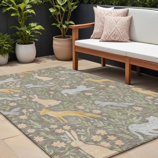 Washable Polyester Area Rug with Forest Animals and Botanical Leaves for Indoor Outdoor Use