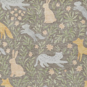 Washable Polyester Area Rug with Forest Animals and Botanical Leaves for Indoor Outdoor Use