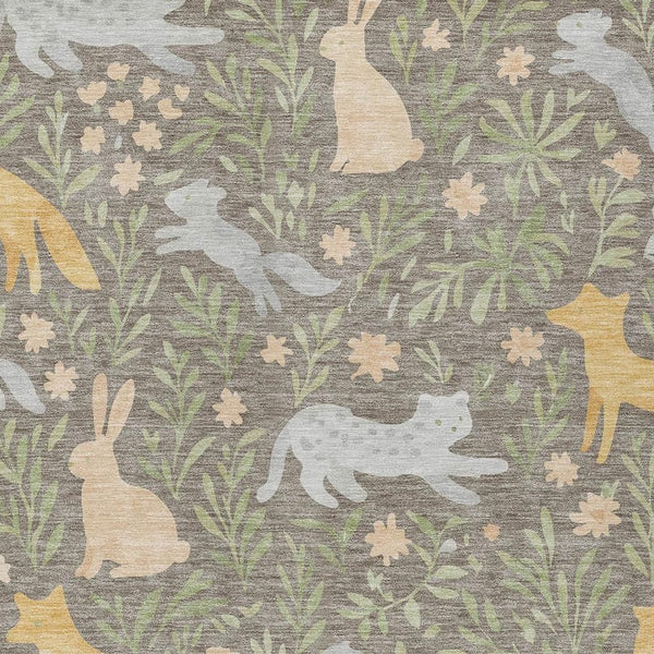 Washable Polyester Area Rug with Forest Animals and Botanical Leaves for Indoor Outdoor Use