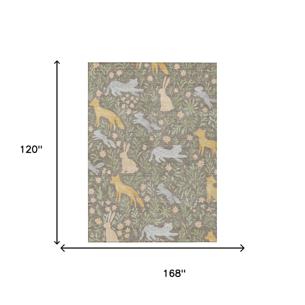 Washable Polyester Area Rug with Forest Animals and Botanical Leaves for Indoor Outdoor Use
