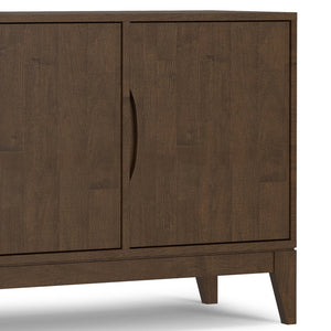 English Elm Harper Walnut Brown 3-Door Sideboard Buffet – Solid Rubberwood, Mid-Century Tapered Legs, Storage B136P235248