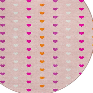 HomeRoots 8 Ft Round Geometric Polyester Rug Washable Pink Ivory Indoor Outdoor Accent 728278