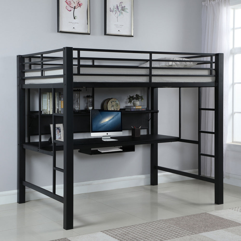 English Elm Ranier Black Metal Full Loft Bed with Built-In Workstation, Industrial Space-Saving Design, 71.75" H B062S00839