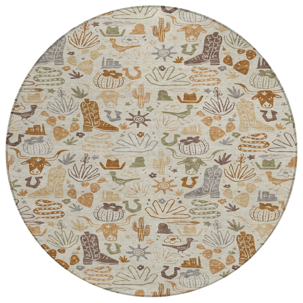 HomeRoots 8 Ft Round Cactus Pattern Washable Polyester Rug for Indoor Outdoor Spaces 728326