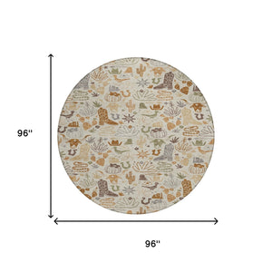 8 Ft Round Cactus Pattern Washable Polyester Rug for Indoor Outdoor Spaces