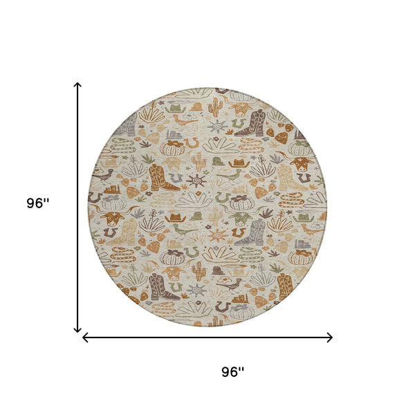 8 Ft Round Cactus Pattern Washable Polyester Rug for Indoor Outdoor Spaces