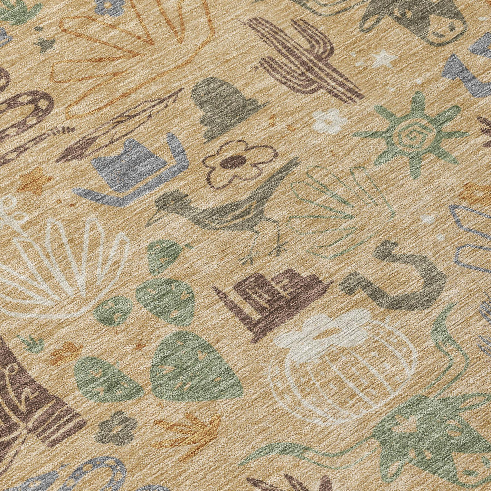 Gold Ivory Cactus Motif Washable Polyester Area Rug Uv Resistant Indoor Outdoor Use
