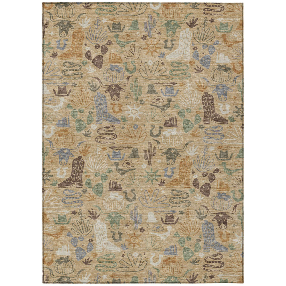 Gold Ivory Cactus Motif Washable Polyester Area Rug Uv Resistant Indoor Outdoor Use
