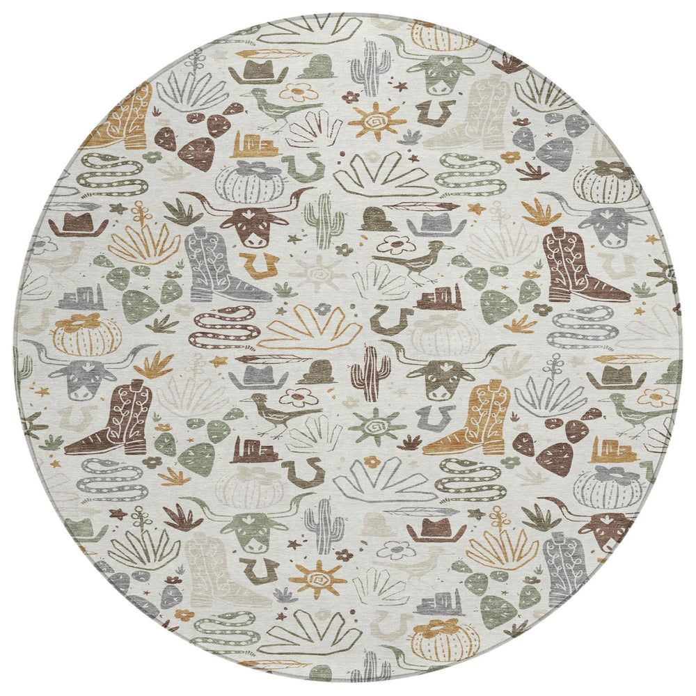 HomeRoots 8 Foot Round Cactus Motif Washable Polyester Area Rug for Indoor Outdoor Use 728356