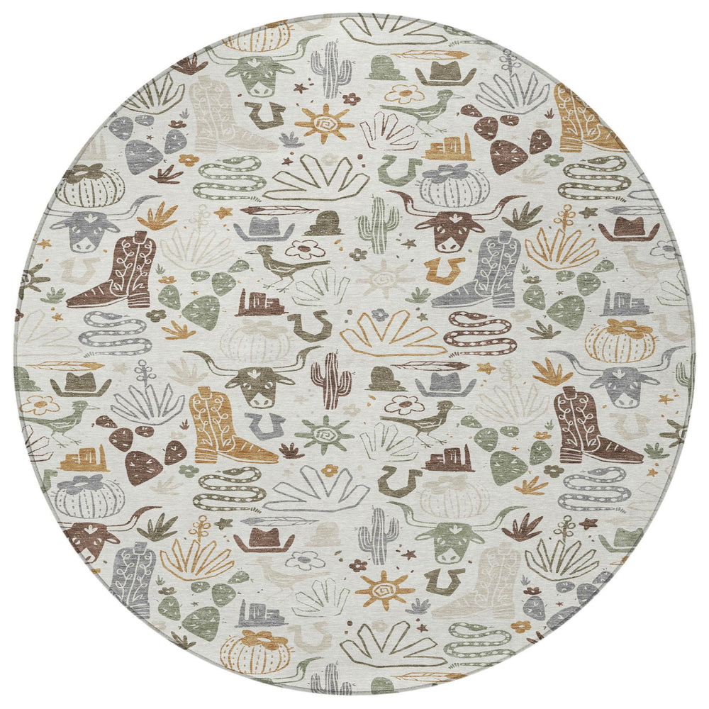 HomeRoots 8 Foot Round Cactus Motif Washable Polyester Area Rug for Indoor Outdoor Use 728356