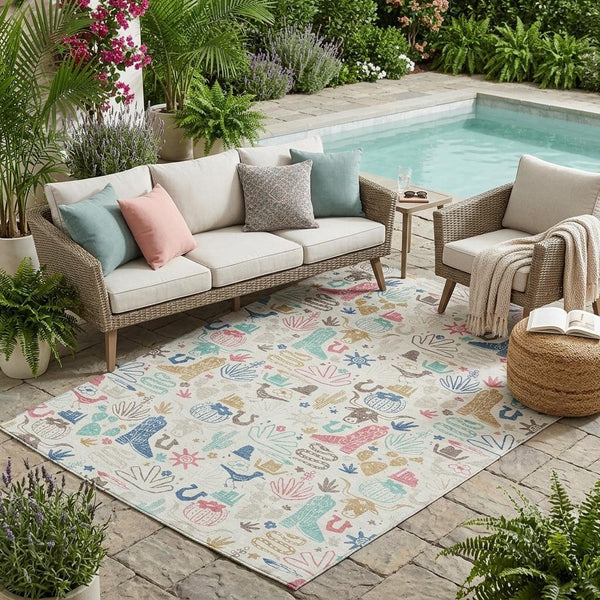 Washable Cactus Motif Polyester Area Rug with Felt Backing for Indoor Outdoor Patio or Entryway