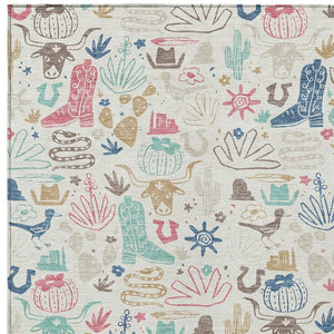 Washable Cactus Motif Polyester Area Rug with Felt Backing for Indoor Outdoor Patio or Entryway
