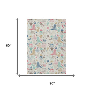 Washable Cactus Motif Polyester Area Rug with Felt Backing for Indoor Outdoor Patio or Entryway