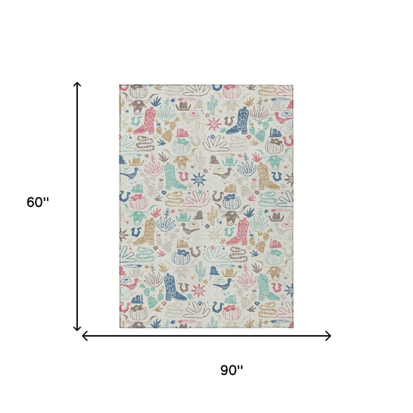 Washable Cactus Motif Polyester Area Rug with Felt Backing for Indoor Outdoor Patio or Entryway