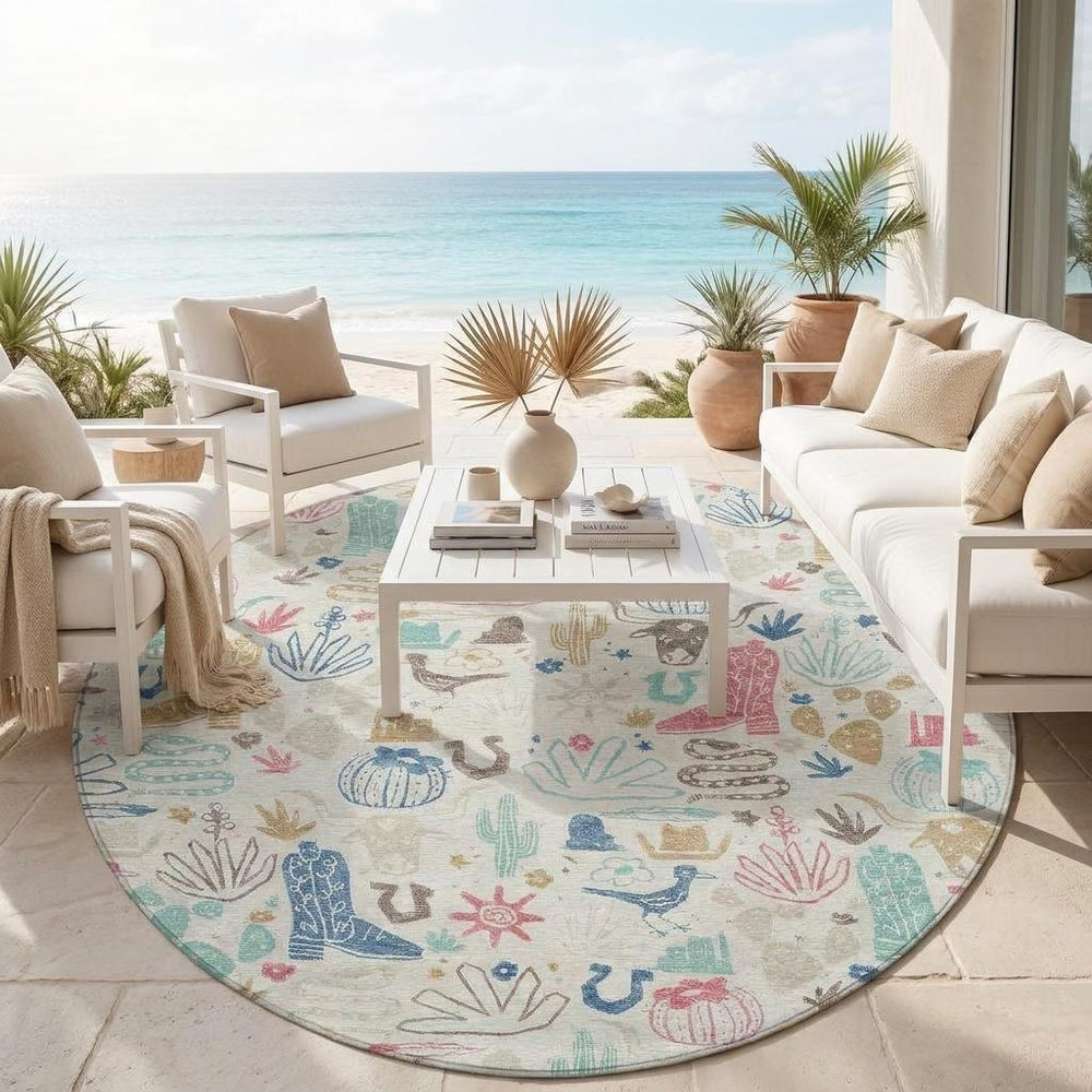 8 Ft Round Washable Cactus Motif Polyester Rug for Patio Porch Playroom
