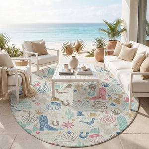 8 Ft Round Washable Cactus Motif Polyester Rug for Patio Porch Playroom