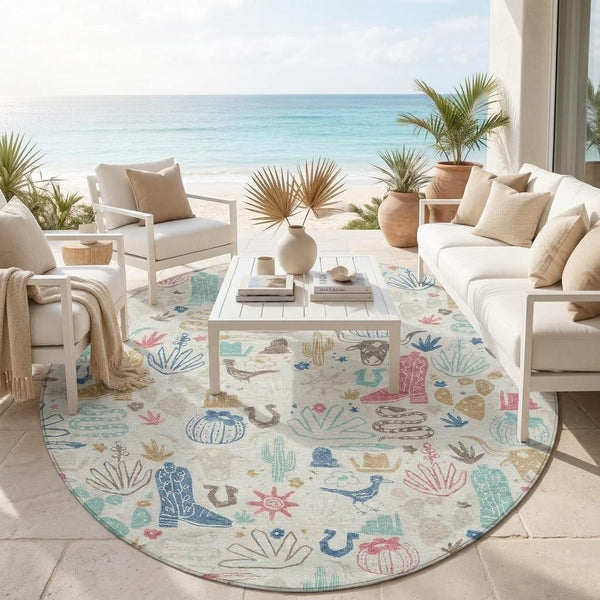 8 Ft Round Washable Cactus Motif Polyester Rug for Patio Porch Playroom