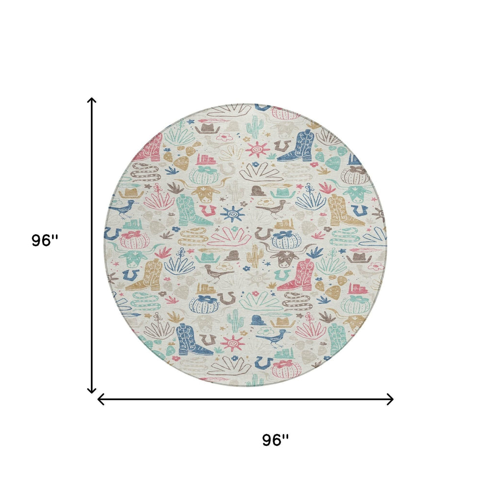 8 Ft Round Washable Cactus Motif Polyester Rug for Patio Porch Playroom