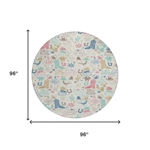 8 Ft Round Washable Cactus Motif Polyester Rug for Patio Porch Playroom