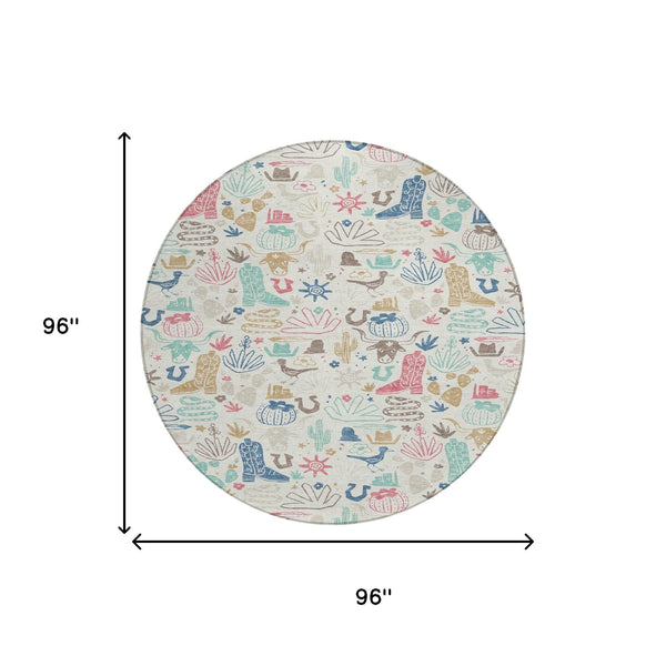 8 Ft Round Washable Cactus Motif Polyester Rug for Patio Porch Playroom