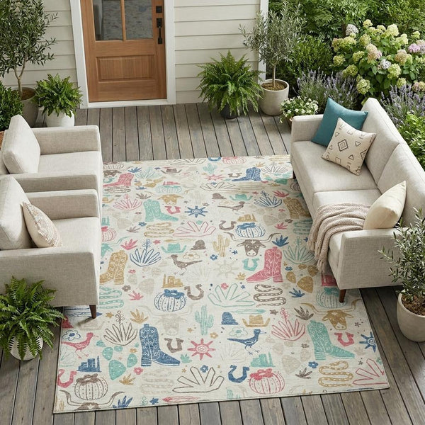 Washable Cactus Motif Polyester Area Rug with Felt Backing for Indoor Outdoor Patio or Entryway