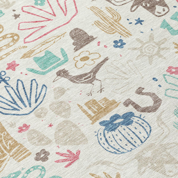 Washable Cactus Motif Polyester Area Rug with Felt Backing for Indoor Outdoor Patio or Entryway