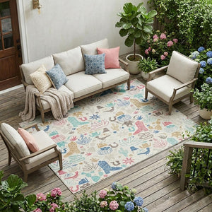 Washable Cactus Motif Polyester Area Rug with Felt Backing for Indoor Outdoor Patio or Entryway