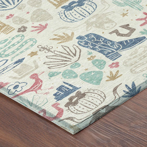 Washable Cactus Motif Polyester Area Rug with Felt Backing for Indoor Outdoor Patio or Entryway