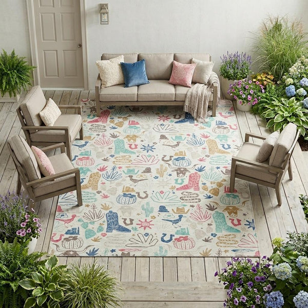 Washable Cactus Motif Polyester Area Rug with Felt Backing for Indoor Outdoor Patio or Entryway