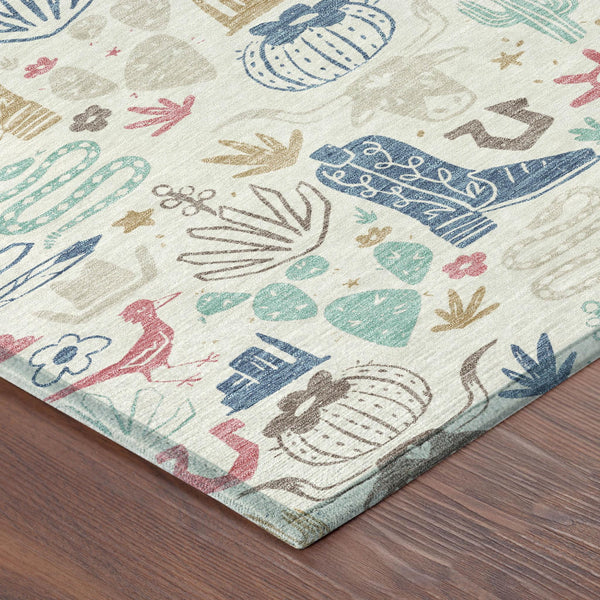 Washable Cactus Motif Polyester Area Rug with Felt Backing for Indoor Outdoor Patio or Entryway