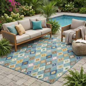Aztec Polyester Area Rug Washable Indoor Outdoor Teal Orange Geometric Patio Living Room