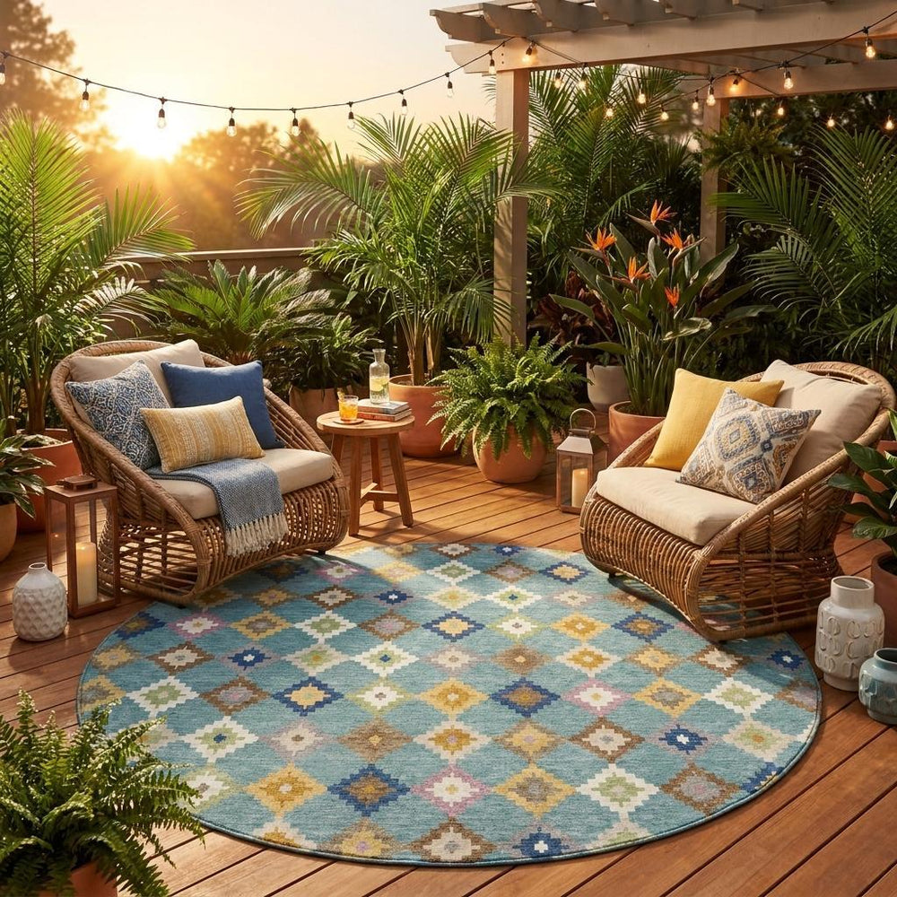 8 Ft Round Aztec Geometric Polyester Rug Washable Uv Resistant Indoor Outdoor
