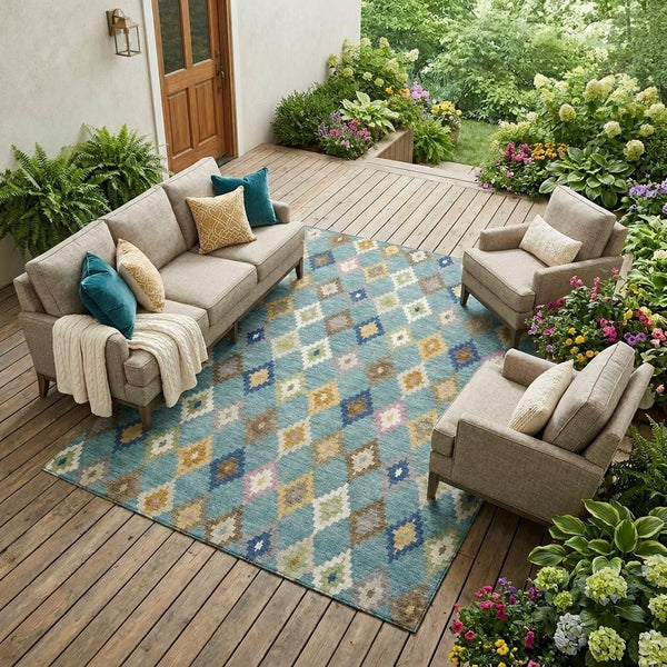 Aztec Polyester Area Rug Washable Indoor Outdoor Teal Orange Geometric Patio Living Room