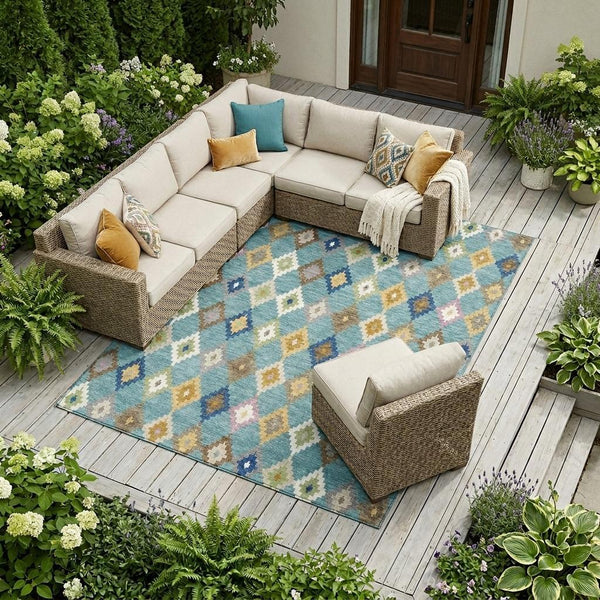 Aztec Polyester Area Rug Washable Indoor Outdoor Teal Orange Geometric Patio Living Room