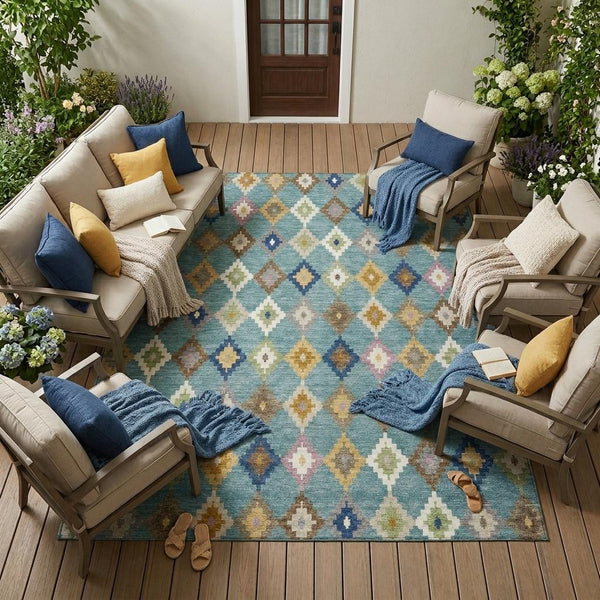 Aztec Polyester Area Rug Washable Indoor Outdoor Teal Orange Geometric Patio Living Room